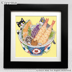手作り焼き絵作品 三匹の猫たち 原画「三匹の猫〜大海老天丼でかくれんぼ」ふしぎなねこのアート