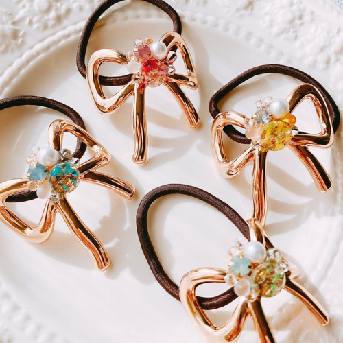 ヘアゴム リボン 大人 ゴールド グリーン 緑 レジン ヘアアクセサリー