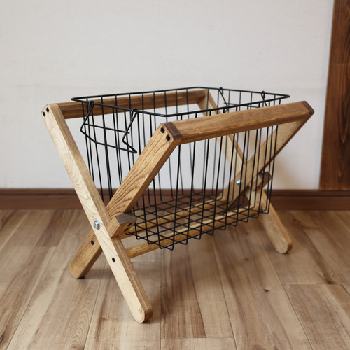 ワイヤーバスケットウッドシェルフ　wood ワイヤーバスケットラック ウッドラック インテリア 玄関 雑誌