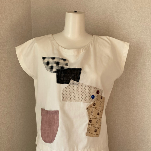 着物リメイク ブラウス 木綿 麻パッチ ハンドメイド ブラウス り・くろ 