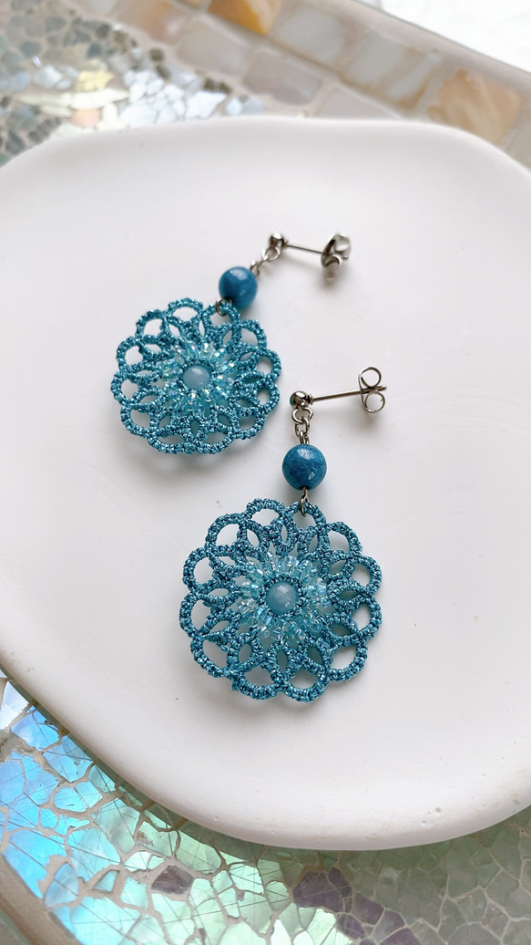 ブルーラメ フラワータティングレースピアス イヤリング アクアマリン 