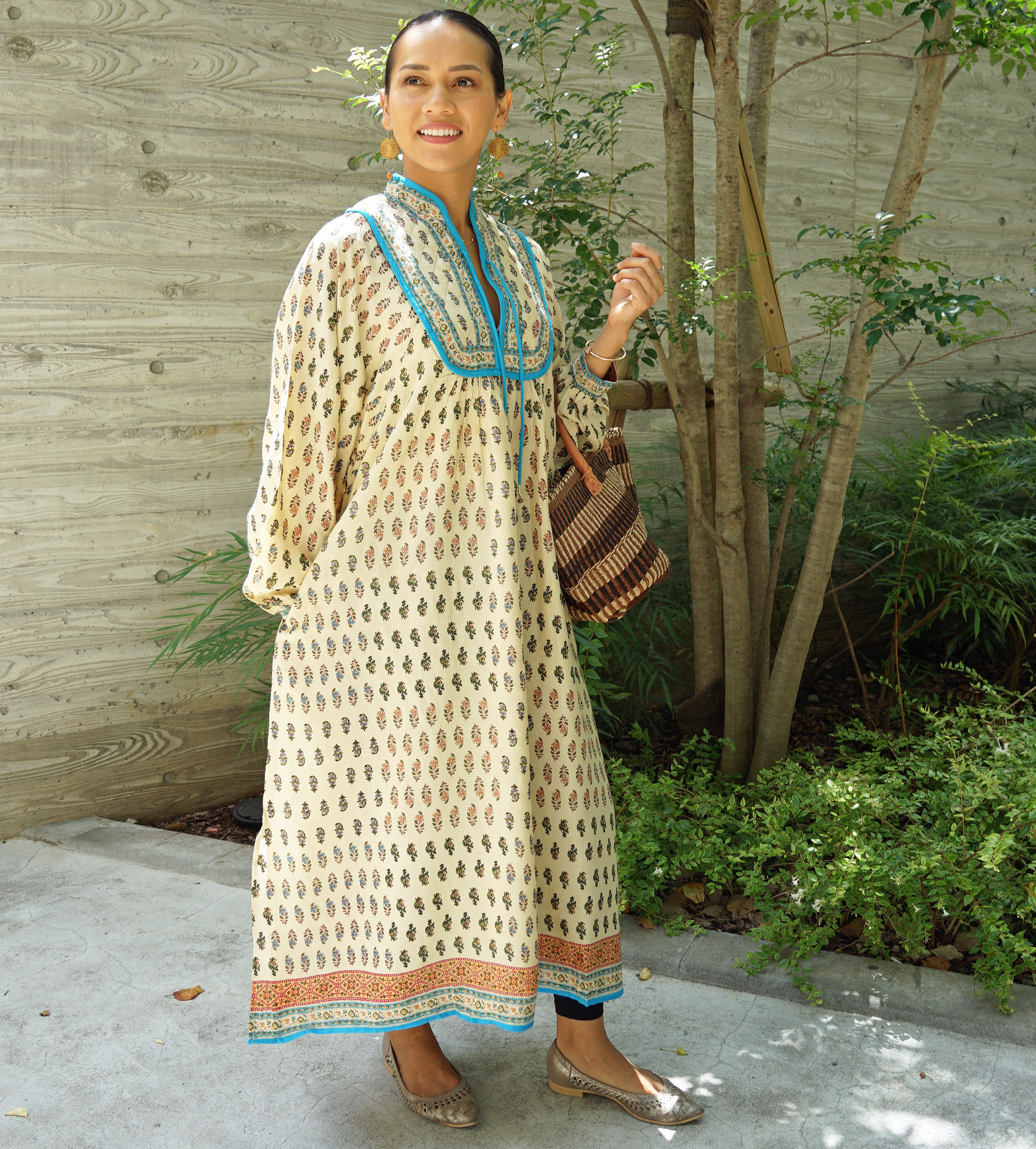 【即納可】インドレーヨンプリント・キルトヨークワンピ（NK23-030-beige）_manika