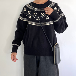 北欧ノルディックお洒落な大人なざっくりセーター 黒オフホワイト