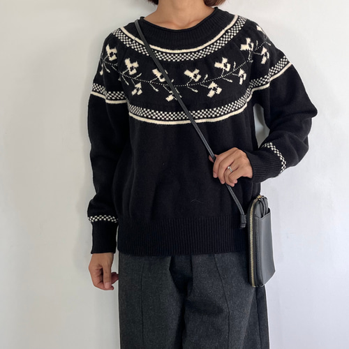 60s ヴィンテージ ノルディックニット セーター 黒×白 北欧ノルディックお洒落な大人なざっくりセーター 黒オフホワイト