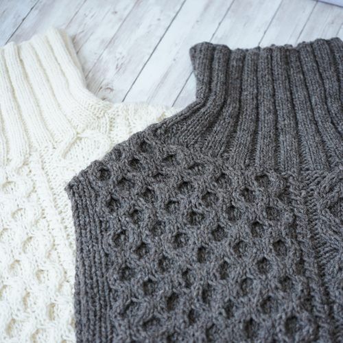 即納可】ウール・ハイネックケーブル編みミニベスト（N-440088-グレー