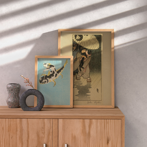 ナマズに乗る猫日本画アートポスター☆黒ブチ鳥獣戯画浮世絵和柄江戸