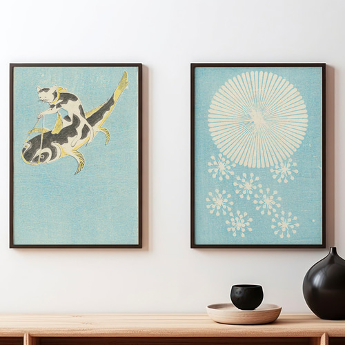 ナマズに乗る猫日本画アートポスター☆黒ブチ鳥獣戯画浮世絵和柄