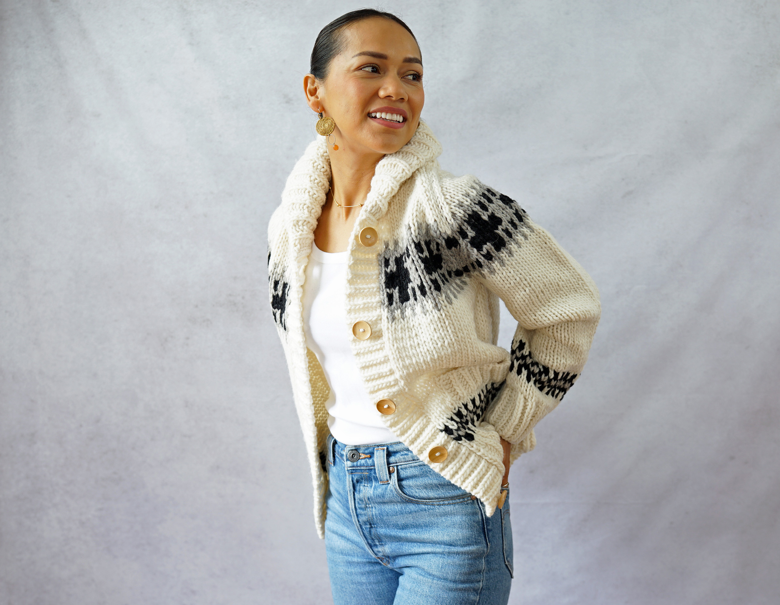 【再販！】ローゲージウール・クロス柄カウチンジャケット（N-450075-ホワイト）