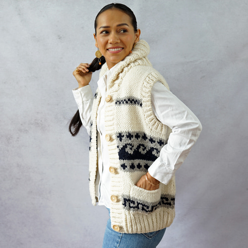 即納可】ローゲージウール・へちま衿ニットベスト（N-440091-ホワイト