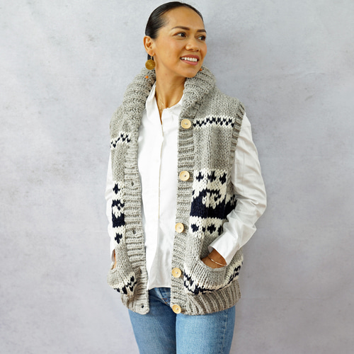 即納可】ローゲージウール・へちま衿ニットベスト（N-450076-グレー