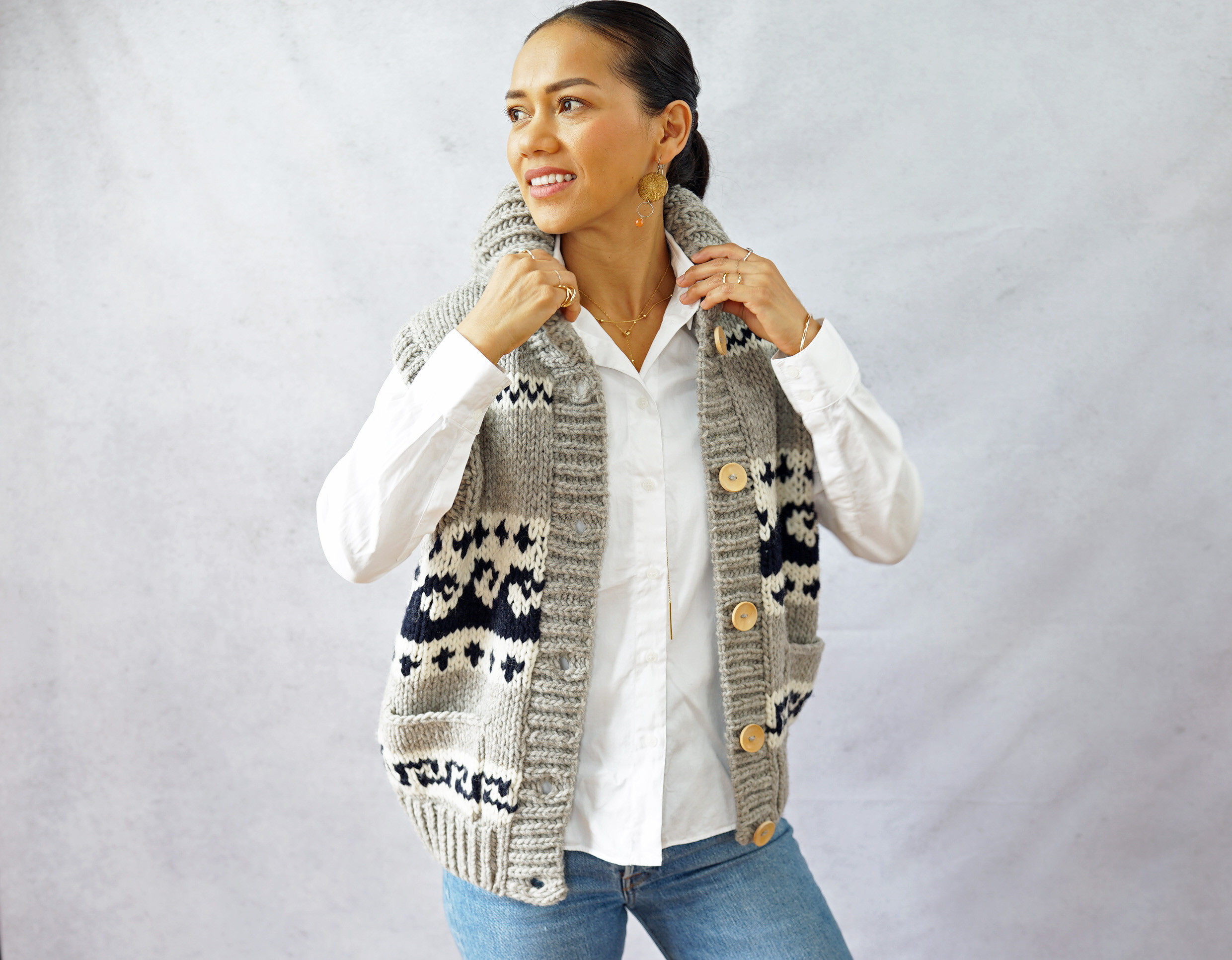 【即納可】ローゲージウール・へちま衿ニットベスト（N-450076-グレー）ペルーニット