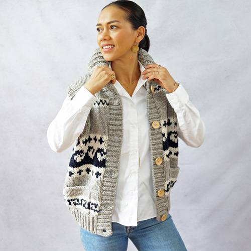 即納可】ローゲージウール・へちま衿ニットベスト（N-450076-グレー