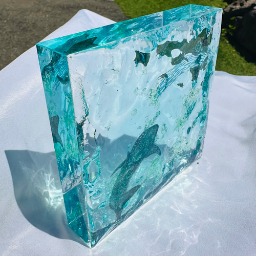 新作 インテリアアートブロック エメラルドの海とジンベイと小魚