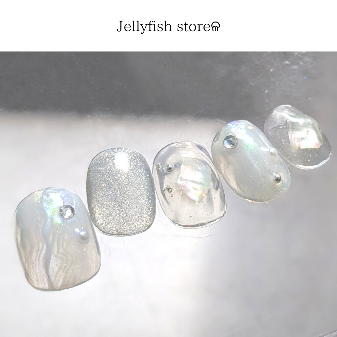 #100｜Jellyfish nail .*⌇ くらげ モチーフ オーロラ マグネット シルバー ホワイト 振袖 結婚式