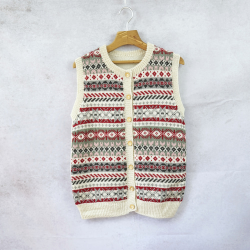 即納可】アルパカ・フェアアイル柄ベスト（S-430049-ホワイト）ペルー