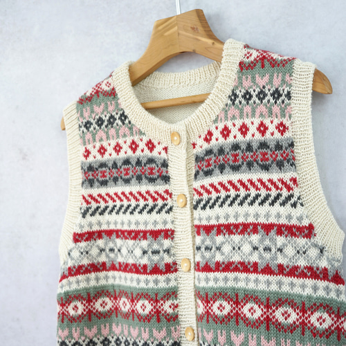即納可】アルパカ・フェアアイル柄ベスト（S-430049-ホワイト）ペルー