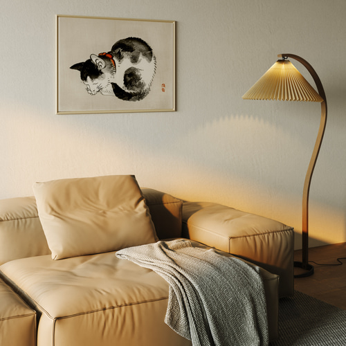 昼寝する子猫日本画アートポスター☆黒ブチ水墨画可愛い癒し浮世絵和柄