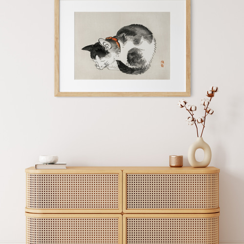昼寝する子猫日本画アートポスター☆黒ブチ水墨画可愛い癒し浮世絵和柄