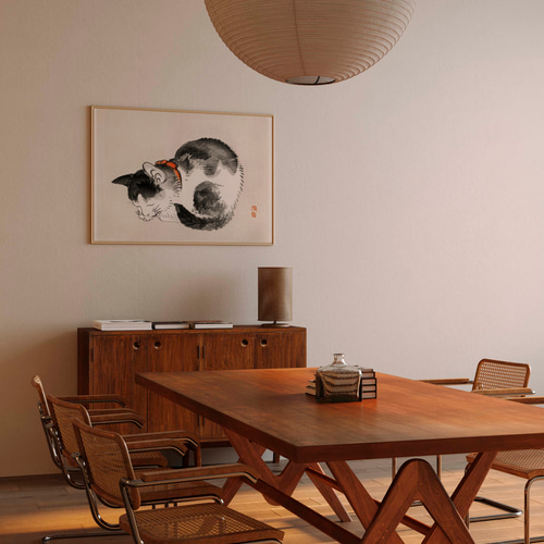 昼寝する子猫日本画アートポスター☆黒ブチ水墨画可愛い癒し浮世絵和柄