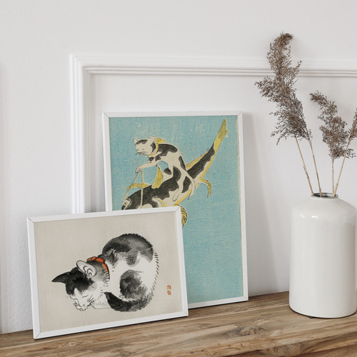 昼寝する子猫日本画アートポスター☆黒ブチ水墨画可愛い癒し浮世絵和柄