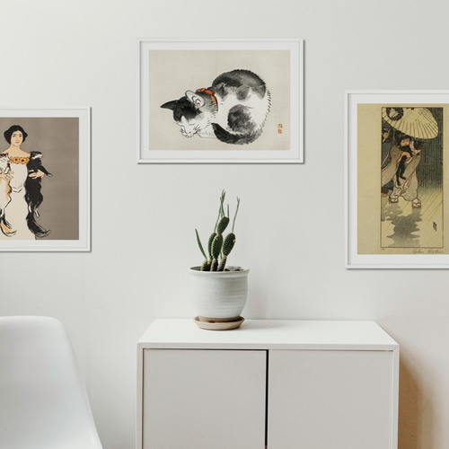 昼寝する子猫日本画アートポスター☆黒ブチ水墨画可愛い癒し浮世絵和柄