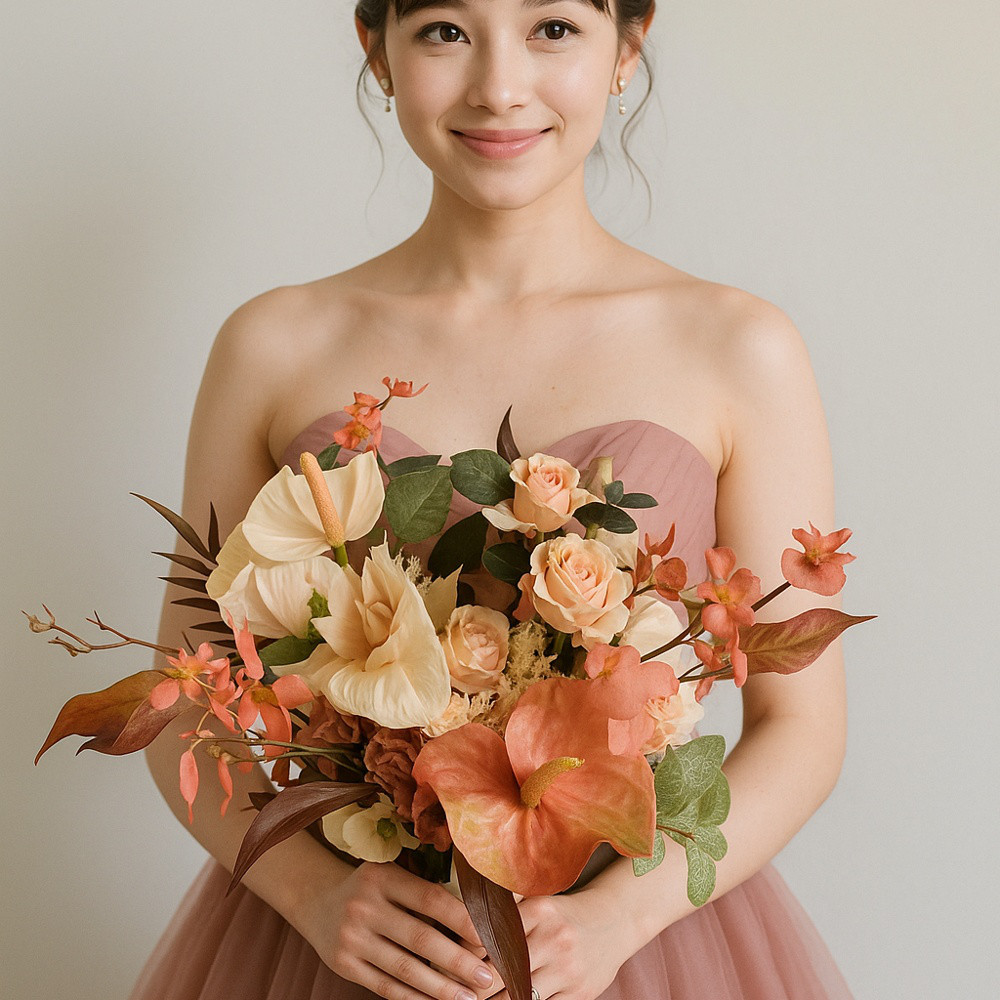 アンスリウムのブーケ　アーティフィシャルフラワー　大人ブーケ　ベージュブーケ　シックブーケ　前撮り　結婚式　ウェディング