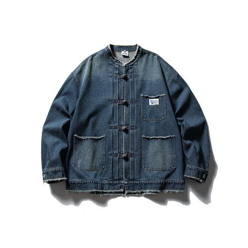 秋冬新作 メンズ チャイナボタンローエッジデニムジャケット 無地 男
