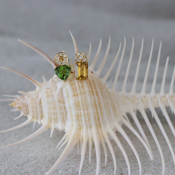 グリーントルマリン/イエローベリル/ダイヤピアス【K18】（両耳1セット  