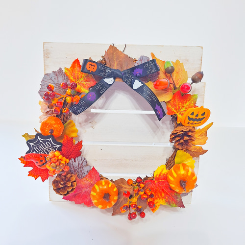 パンプキン＆木の実たくさんの オレンジハロウィン造花リース たくさん