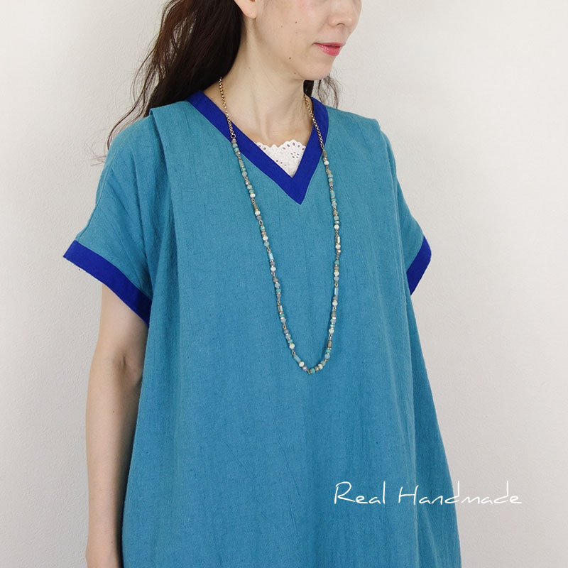 [予約販売] Blue on Blue ワッシャーハーフリネン襟Vワンピース