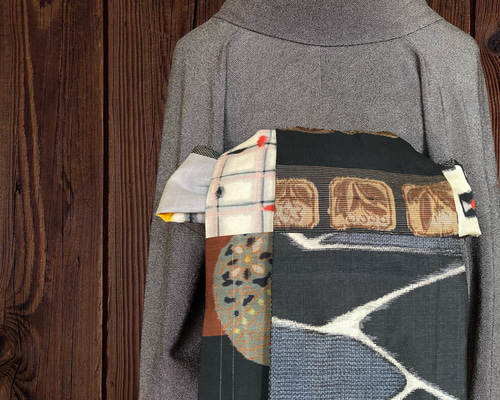 *絹お着物リメイク　パッチワーク*18　大人の兵児帯　半幅帯　長尺　ハンドメイド var.46 アンティーク着物リメイク.切嵌風．銘仙．大人の兵児帯
