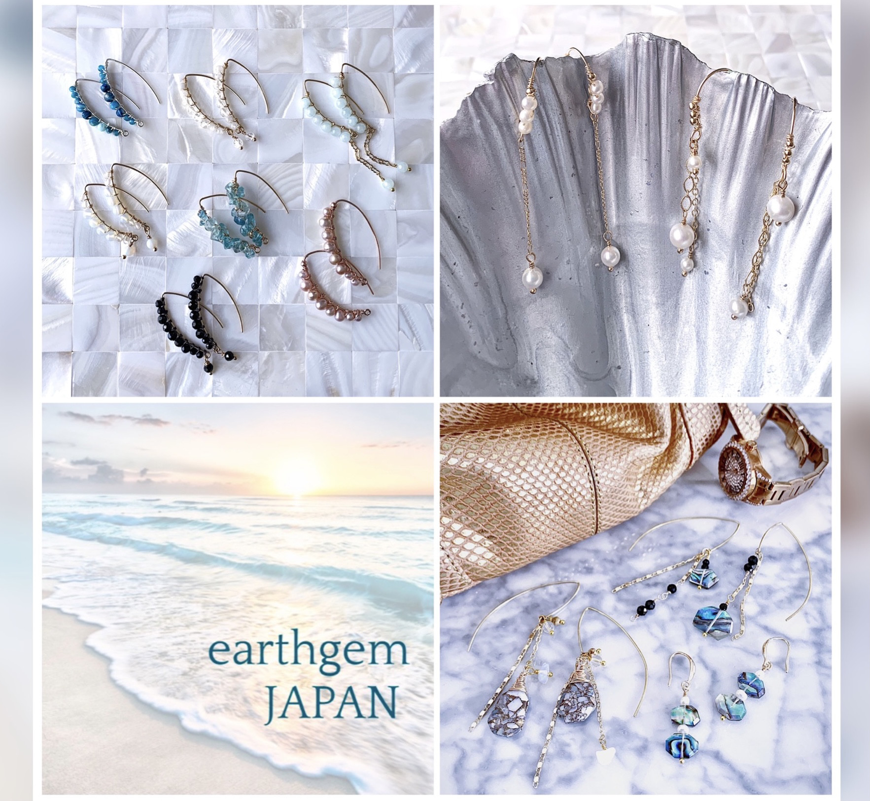 【925sv】海色のフローライト×ホワイトシェル×マザーオブパールの大ぶりシルバーフックピアス❇︎ユニークな個性派耳飾り