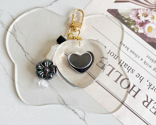 ダブルハートシェイカー レジン キーホルダー ブラック 黒 クリア 透明  