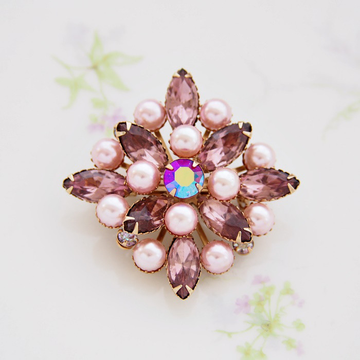 【ヴィンテージジュエリー】Unsigned Beauty　ピンクラインストーン　フェイクパール　ブローチ　CJ7281C 6,545円