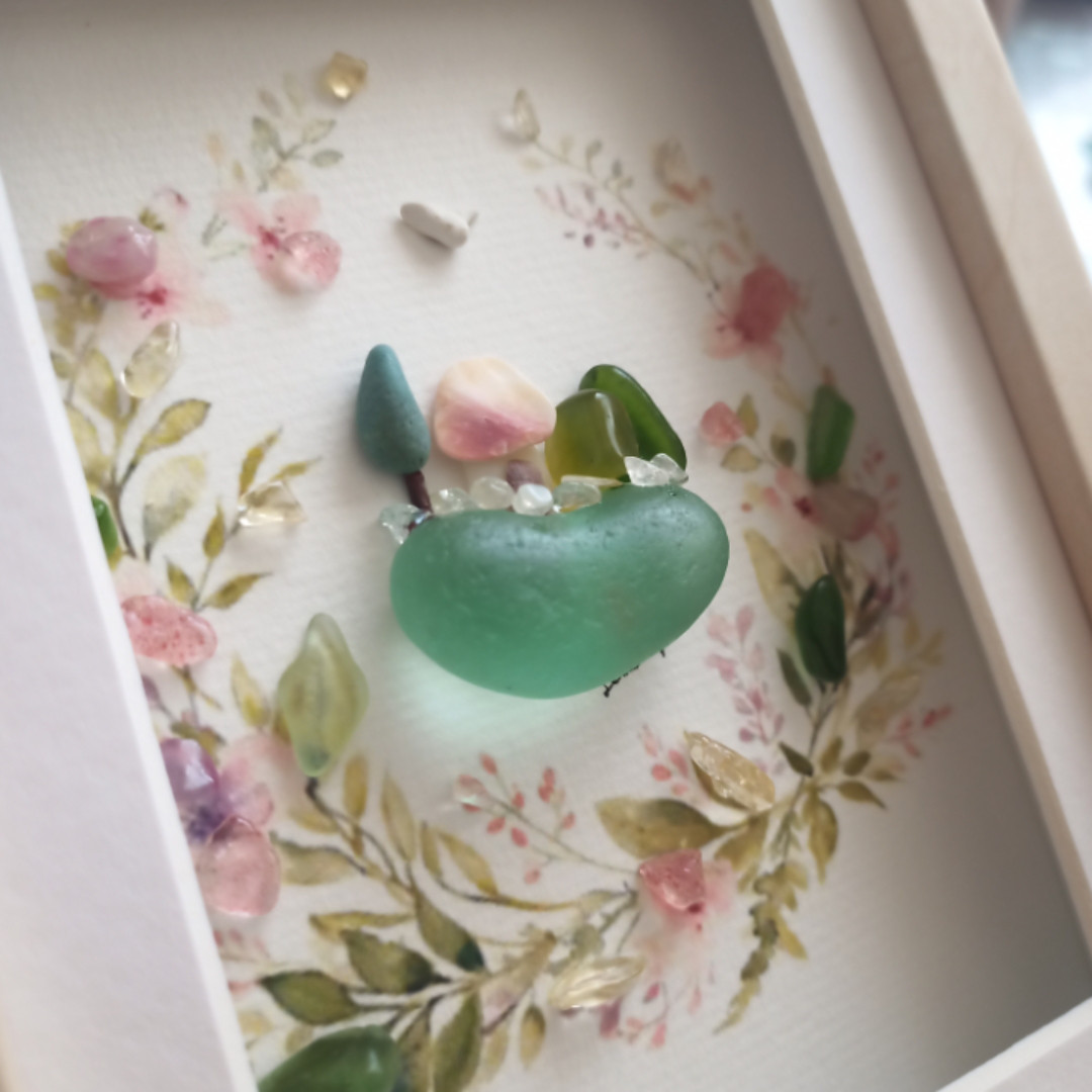 シーグラスアート　湖畔の靜寂　インテリア　雑貨　ボタニカル　花　緑　植物　一点物