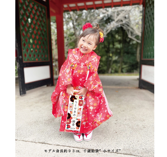 和モダンな紅白花柄紋様の千歳飴袋"大サイズ"名入れ無料 7枚目の画像