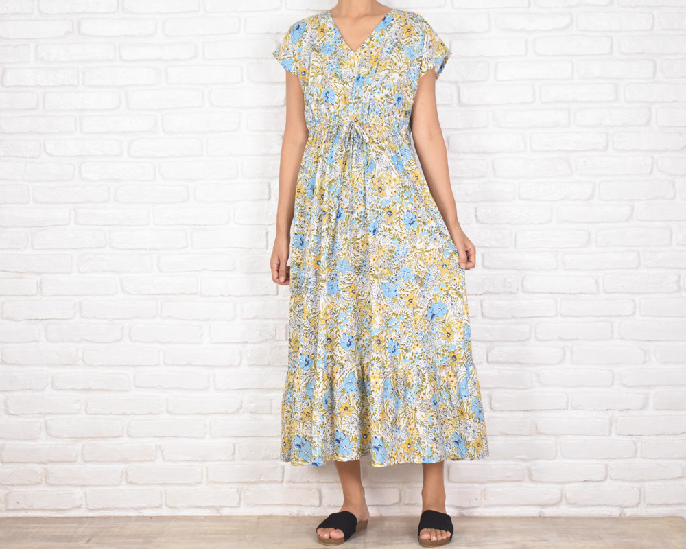 花柄Vネックの大人のフリルワンピース　＜ブルー＞　コットン素材