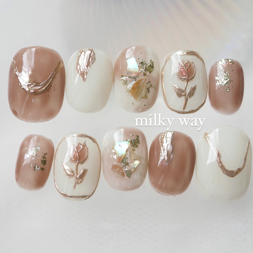 現品 ブラウンニュアンス×チューリップネイル ネイルチップ ネイル  