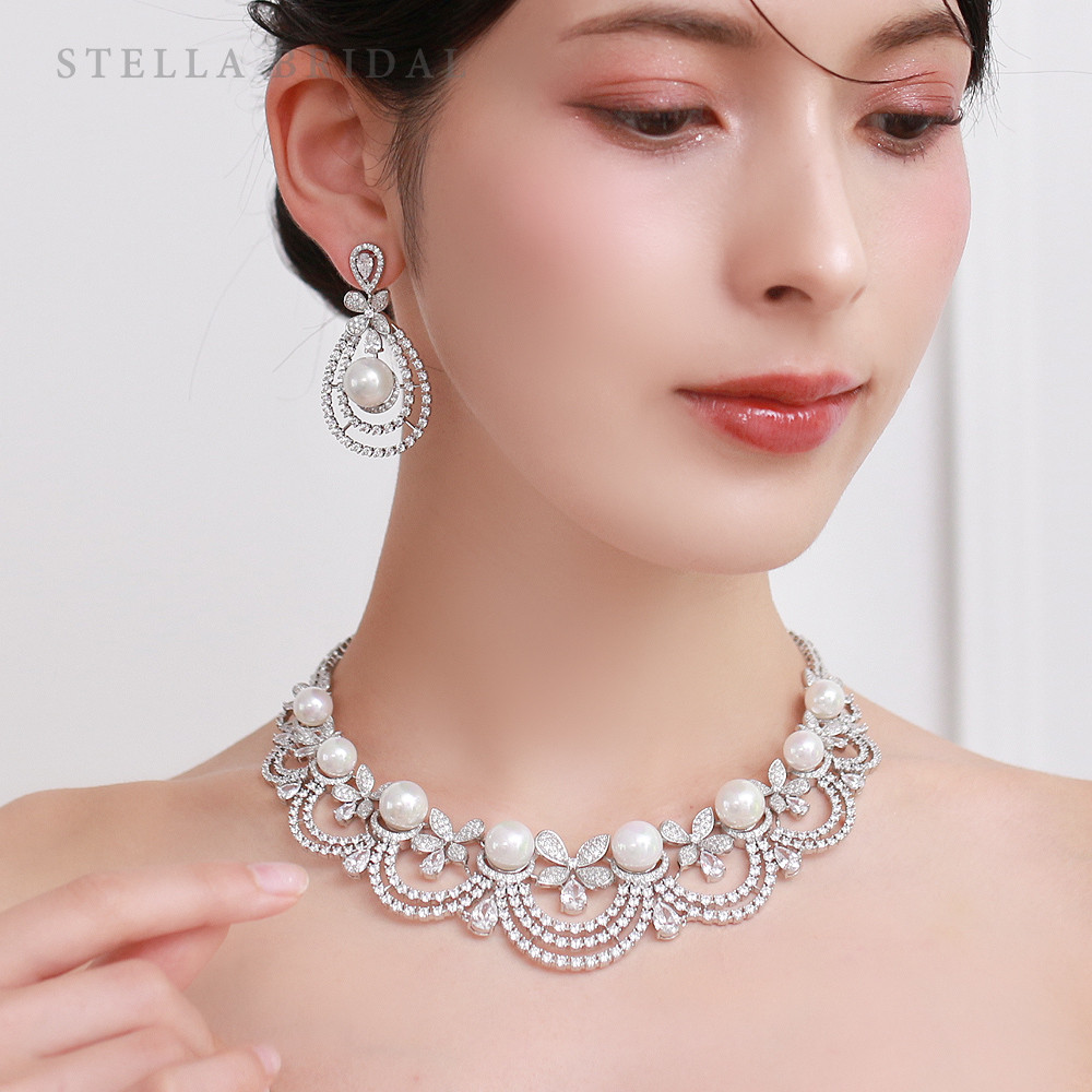 キュービックジルコニア＆パール ブライダルアクセサリーセット ガーデンブロッサム ネックレス＆イヤリングorピアスセット