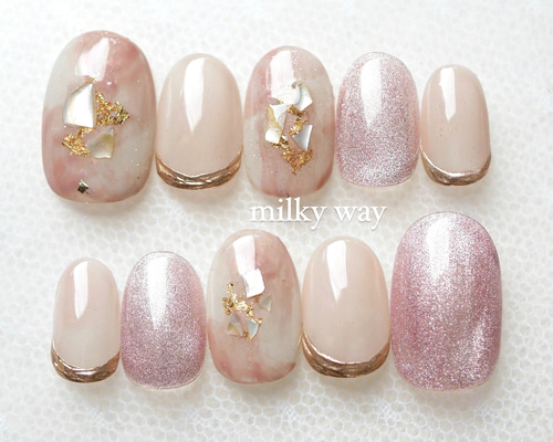 No.32 ピンクマグネット×桃ネイル オーダーネイルチップ 成人式