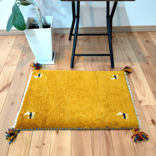 ペルシャ ギャッベ 玄関マット小 57.5x40cm 黄金色 黄色 NN19012s