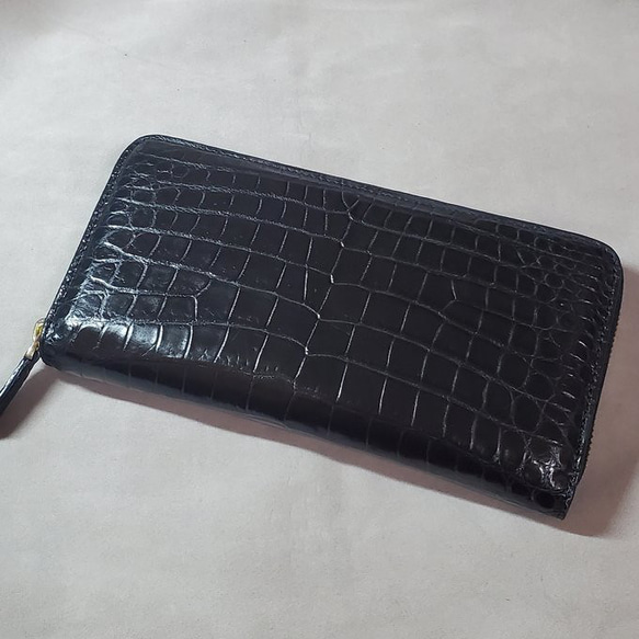 クロコダイル 長財布 ラウンドファスナー センター部位 ブラック 腹革  