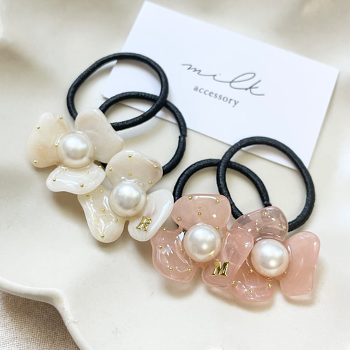 お花 ヘアゴム イニシャル 2点セット レジン ヘアアクセサリー 