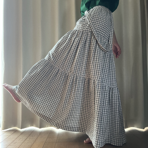 定価1.76万 かぐれ ギンガムティアードスカート リネン混 春夏スカート ギンガム チェック ふんわり三段ティアードスカート スカート|ギンガム