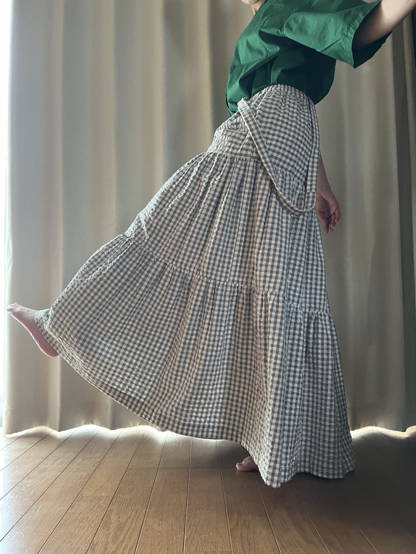 ハンドメイド　リメイク　ギンガムチェック　ティアード　ロングスカート セール】ギンガムチェックティアードロングスカート（スカート