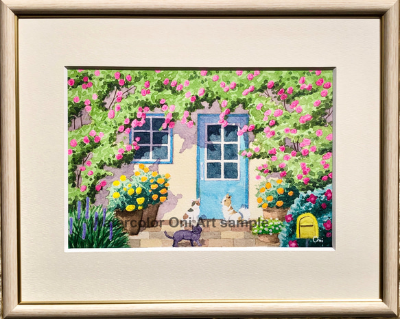 透明水彩画原画「ローズハウス08」額縁付SMサイズ