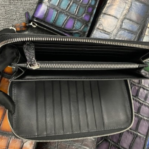 目地染め クロコダイル 長財布 ラウンドファスナー 財布 ワニ革 鰐 一  