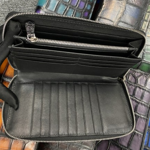 目地染め クロコダイル 長財布 ラウンドファスナー 財布 ワニ革 鰐 一  