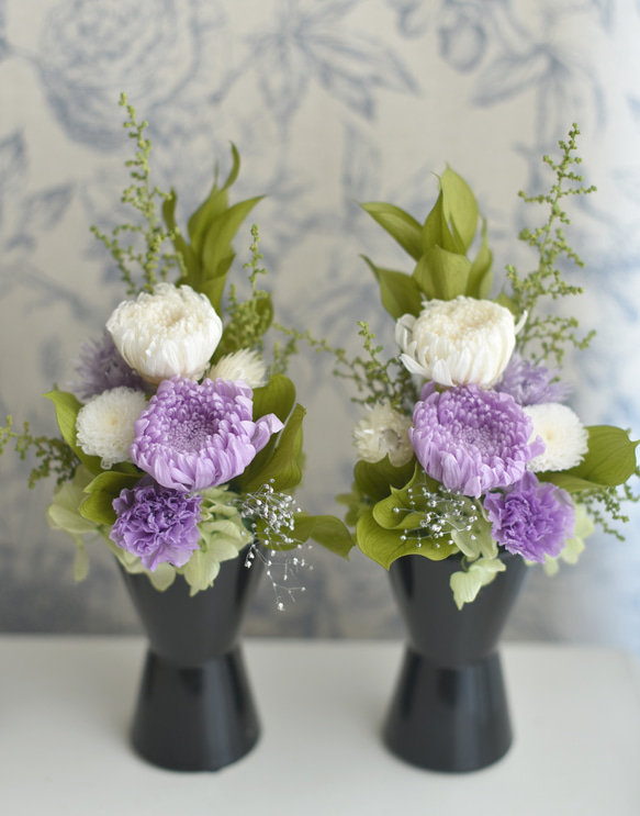 お供え花一対/ポットアレンジ/プリザーブドフラワー＊輪菊２・ラベンダー&ホワイト☆お盆・お彼岸 