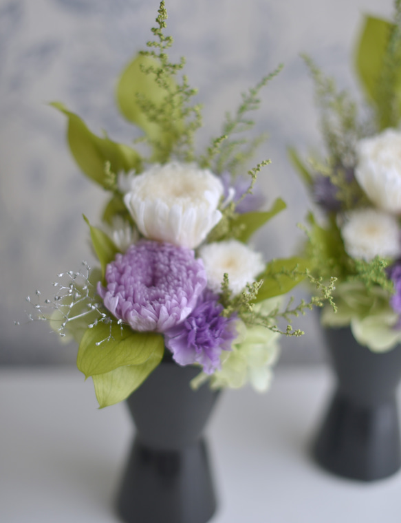 お供え花一対/ポットアレンジ/プリザーブドフラワー＊輪菊２・ラベンダー&ホワイト☆お盆・お彼岸 